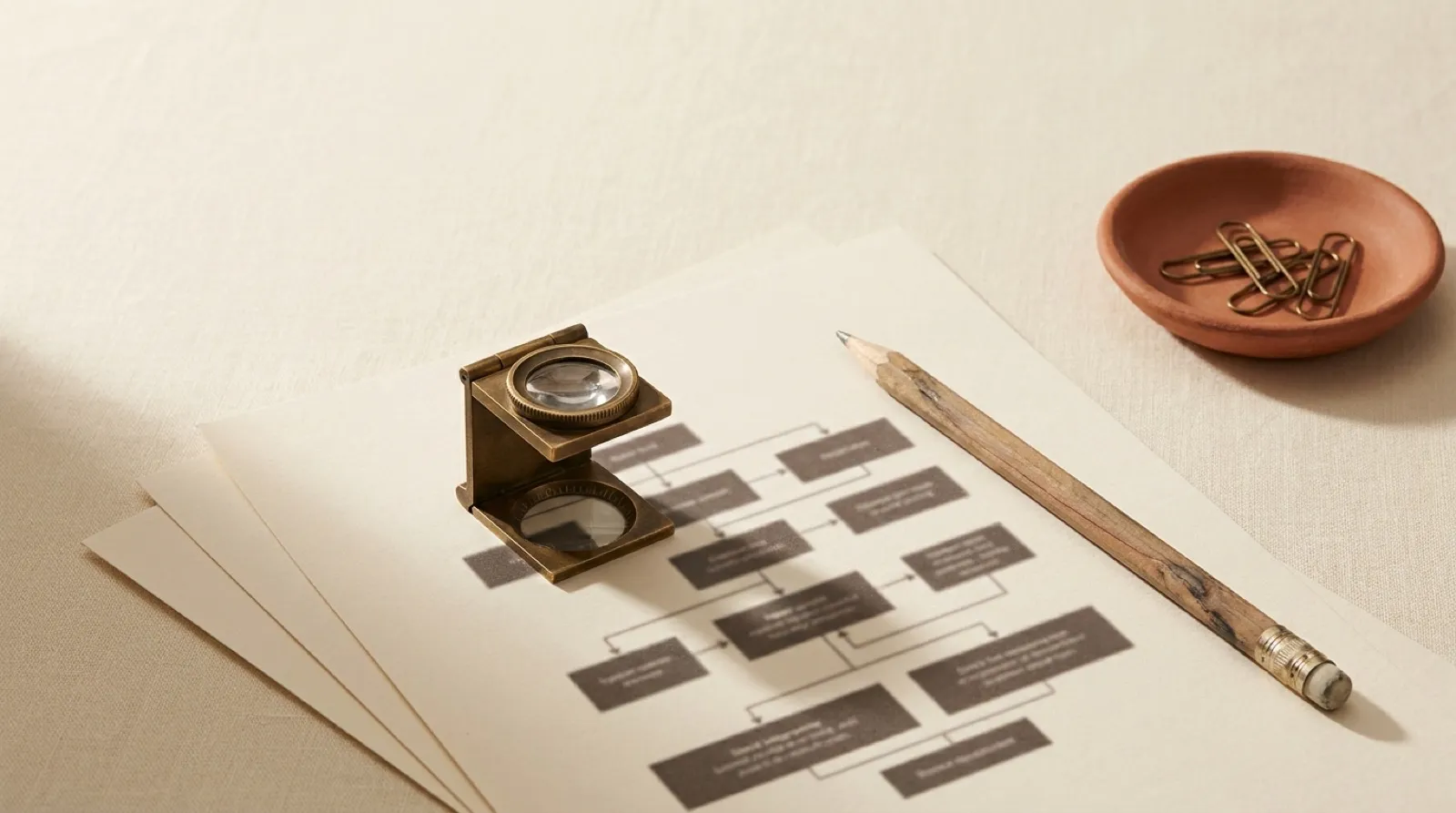 A printer's loupe and a pencil resting on printed system diagrams, next to a terracotta dish of paperclips