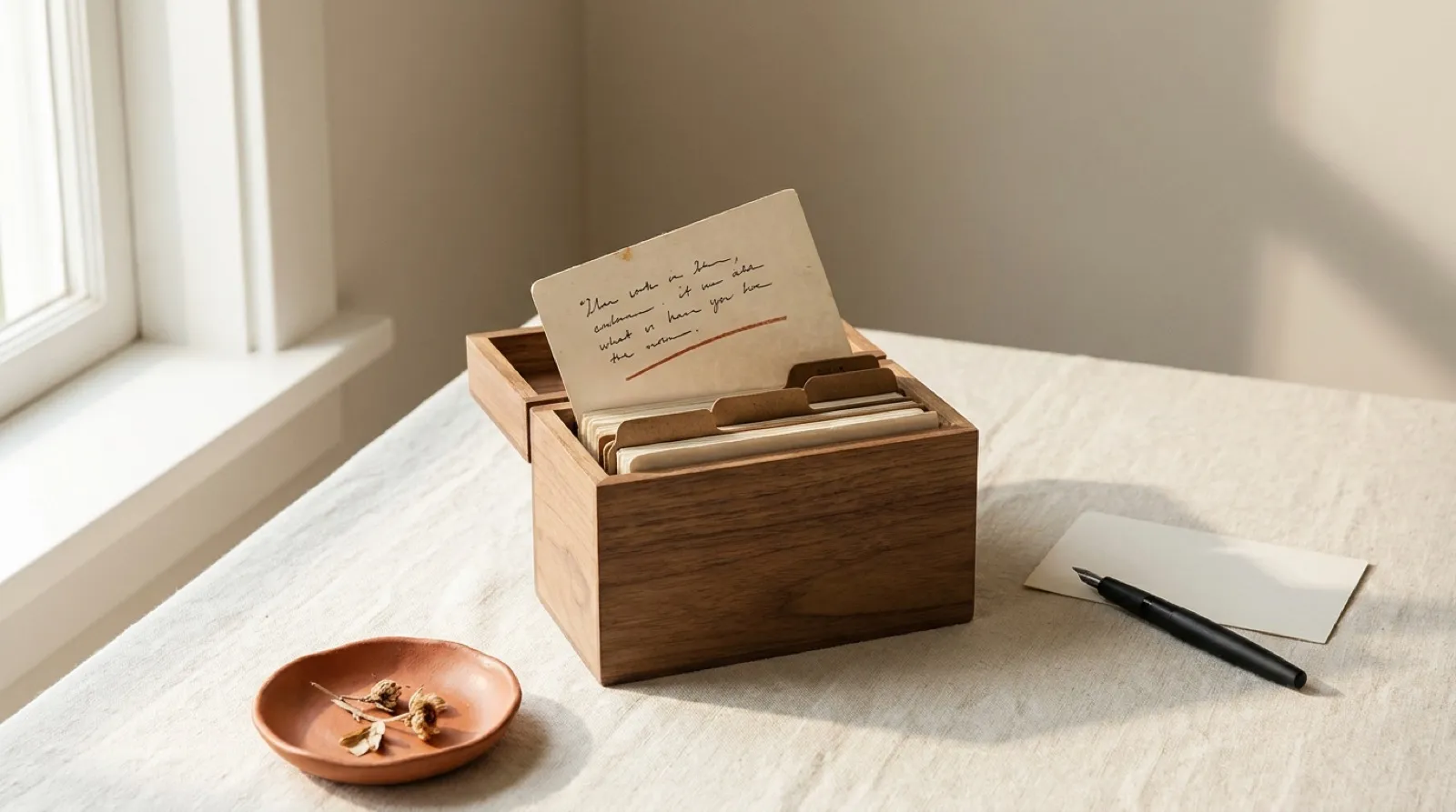 A wooden recipe-card box with tabbed dividers and one handwritten card propped upright, next to a fountain pen and a terracotta dish
