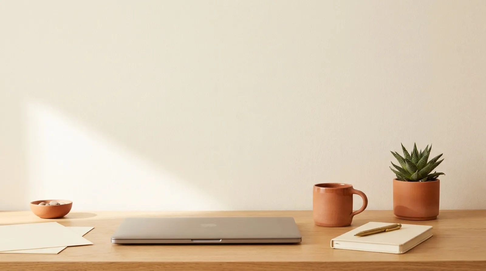 A tidy desk against a warm cream wall: a closed laptop, a terracotta mug, a small plant, and a notebook at rest